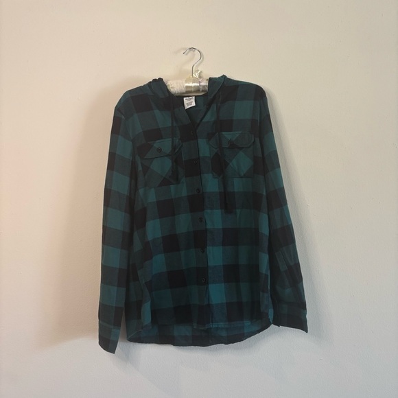Tilly's Tops - Tilly's Dark Teal and Black Hooded Flannel